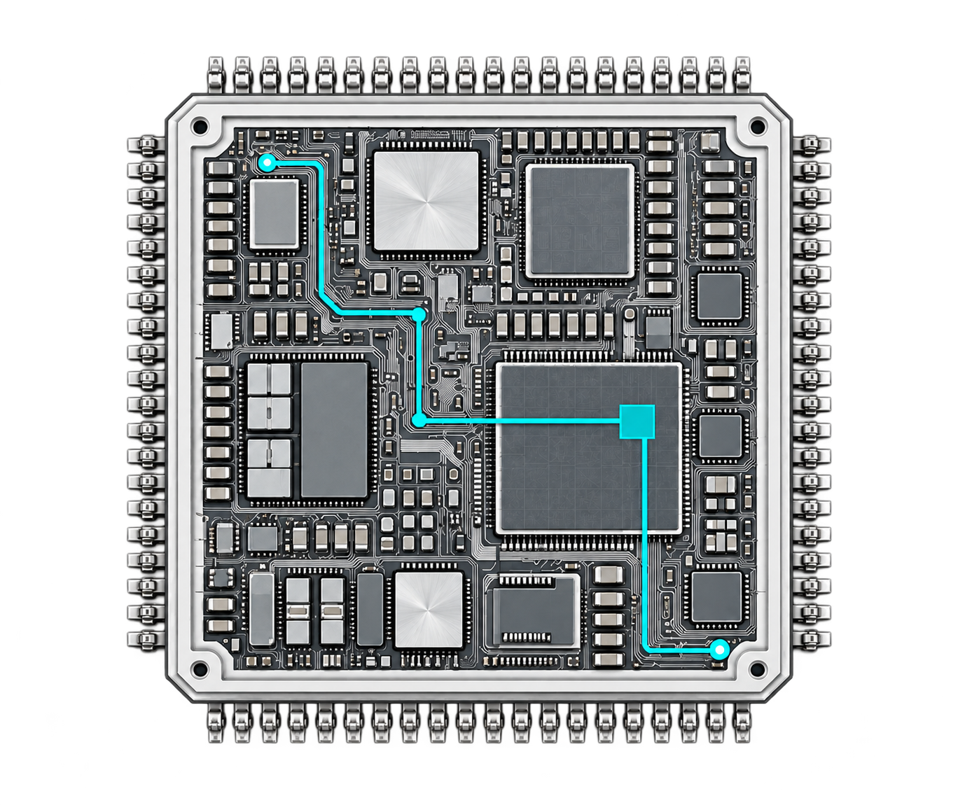 Top-down semiconductor package with an highlighted signal path